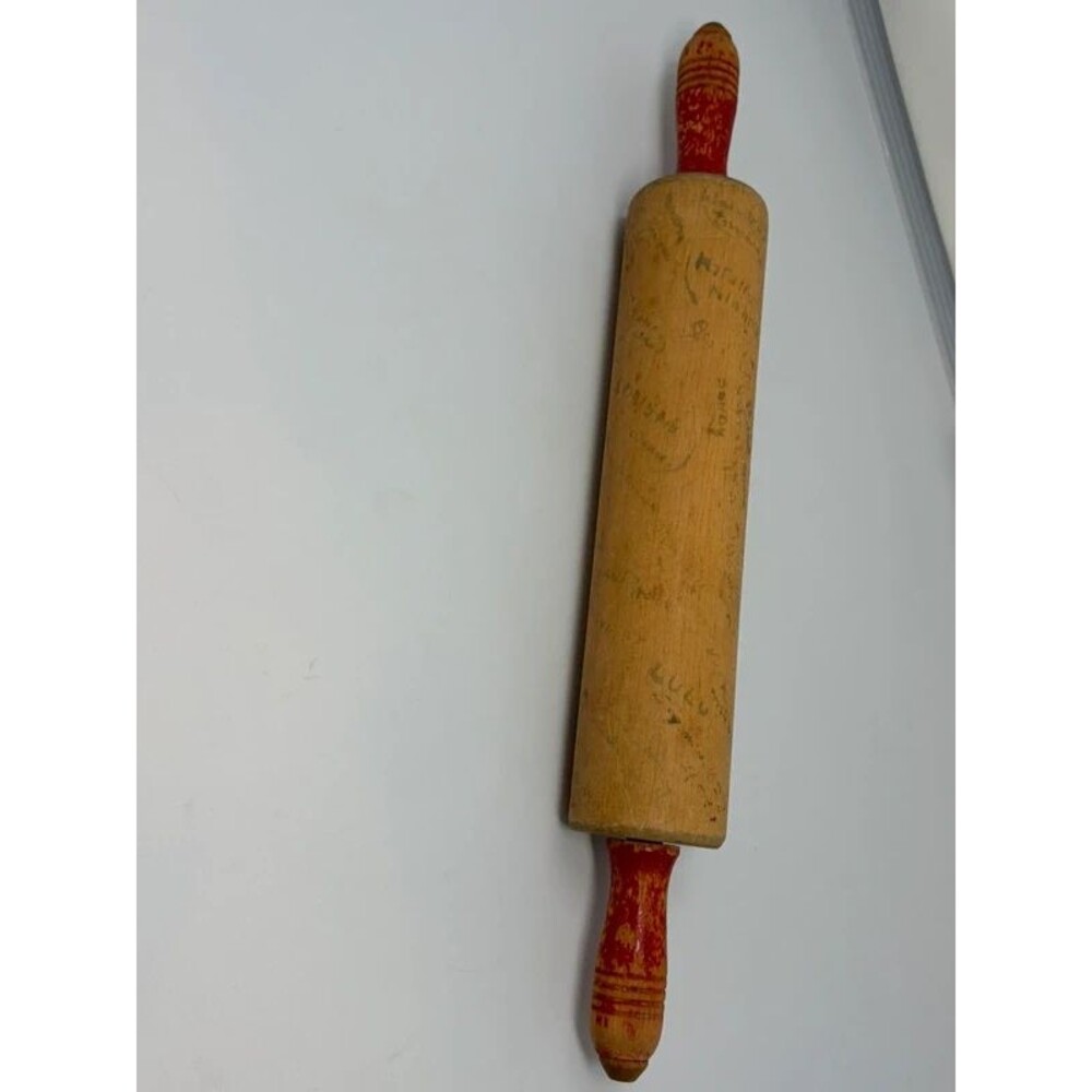 Vintage Signed Wooden Rolling Pin Red Handles Novelty Guest Book Bridal Gift